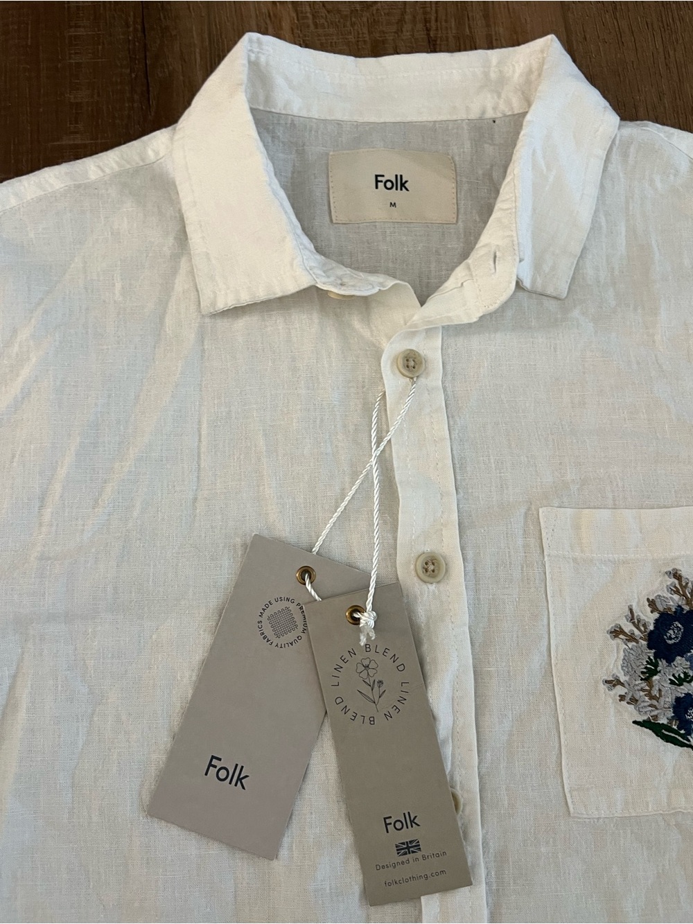 Folk Monty short sleeve linen-blend shirt With floral embroidered design Medium - Picture 2 of 7